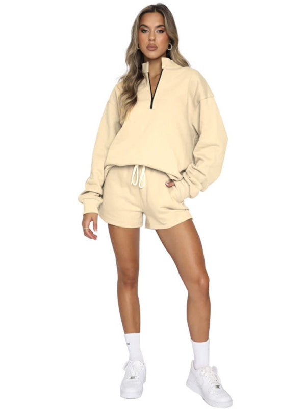 Women's Solid Color Zipper Pullover & Shorts Set