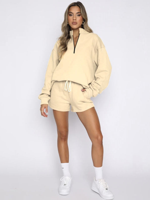 Women's Solid Color Zipper Pullover & Shorts Set