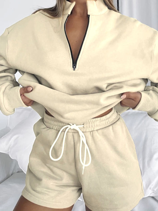 Women's Solid Color Zipper Pullover & Shorts Set