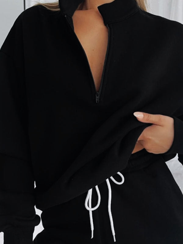 Women's Solid Color Zipper Pullover & Shorts Set