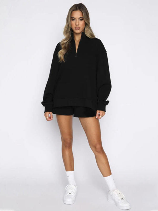 Women's Solid Color Zipper Pullover & Shorts Set