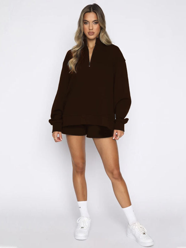 Women's Solid Color Zipper Pullover & Shorts Set