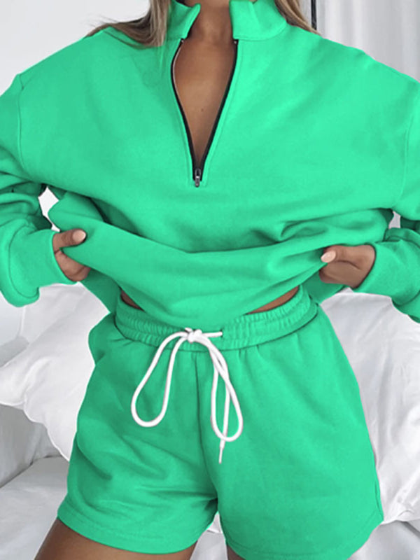 Women's Solid Color Zipper Pullover & Shorts Set