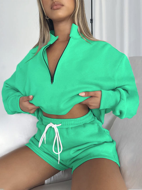 Women's Solid Color Zipper Pullover & Shorts Set