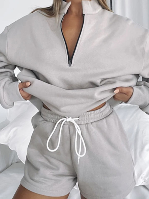 Women's Solid Color Zipper Pullover & Shorts Set