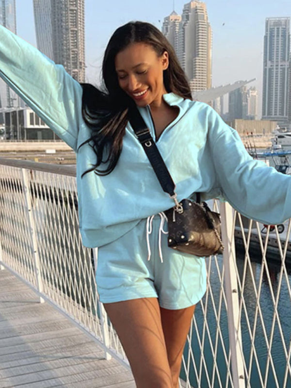 Women's Solid Color Zipper Pullover & Shorts Set