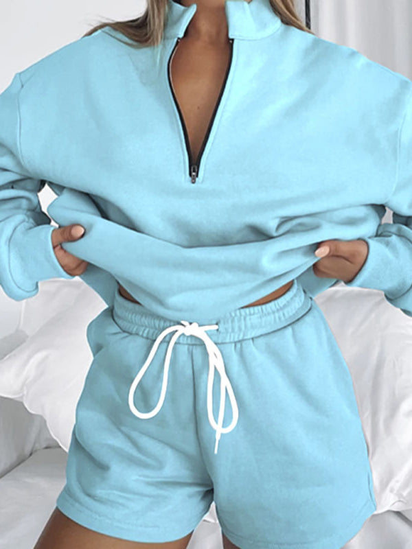 Women's Solid Color Zipper Pullover & Shorts Set