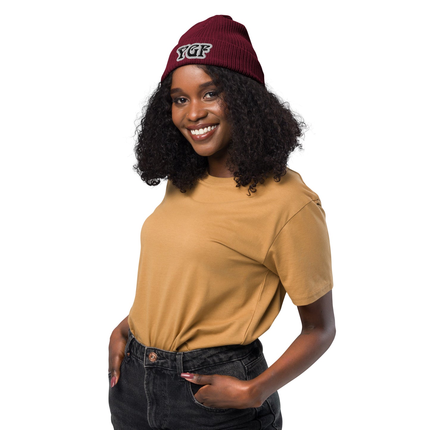 YGF Embroidered Organic Ribbed Beanie