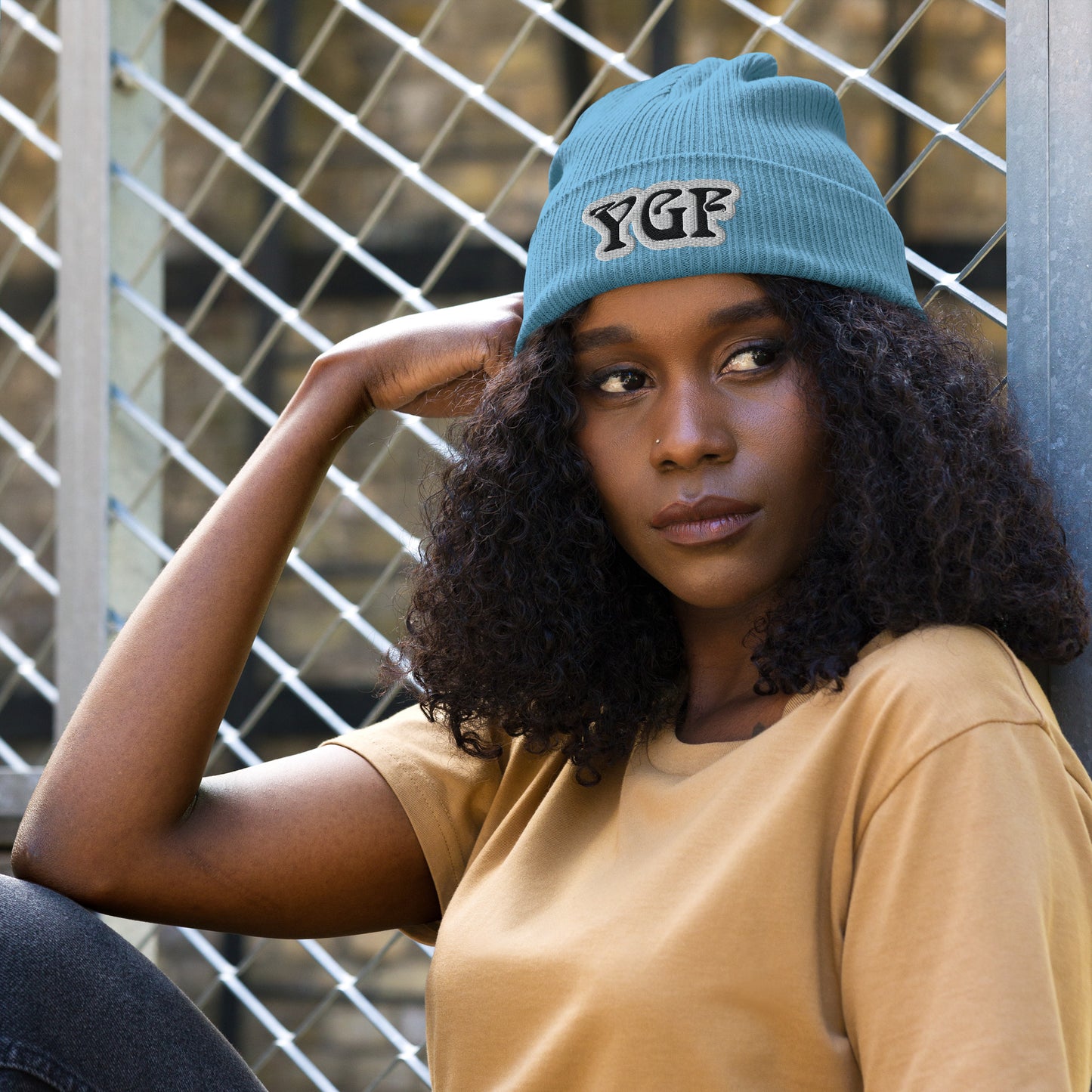 YGF Embroidered Organic Ribbed Beanie