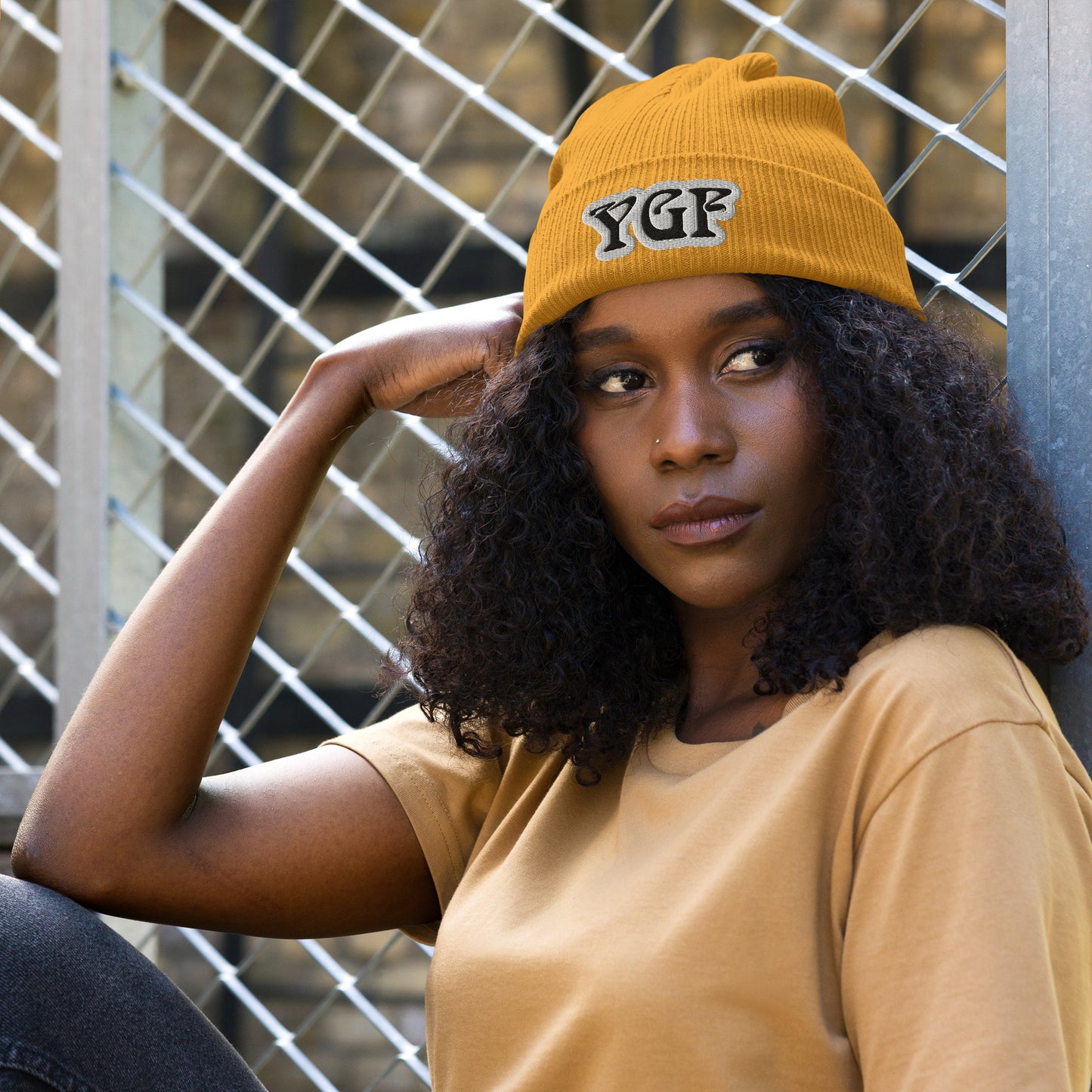 YGF Embroidered Organic Ribbed Beanie