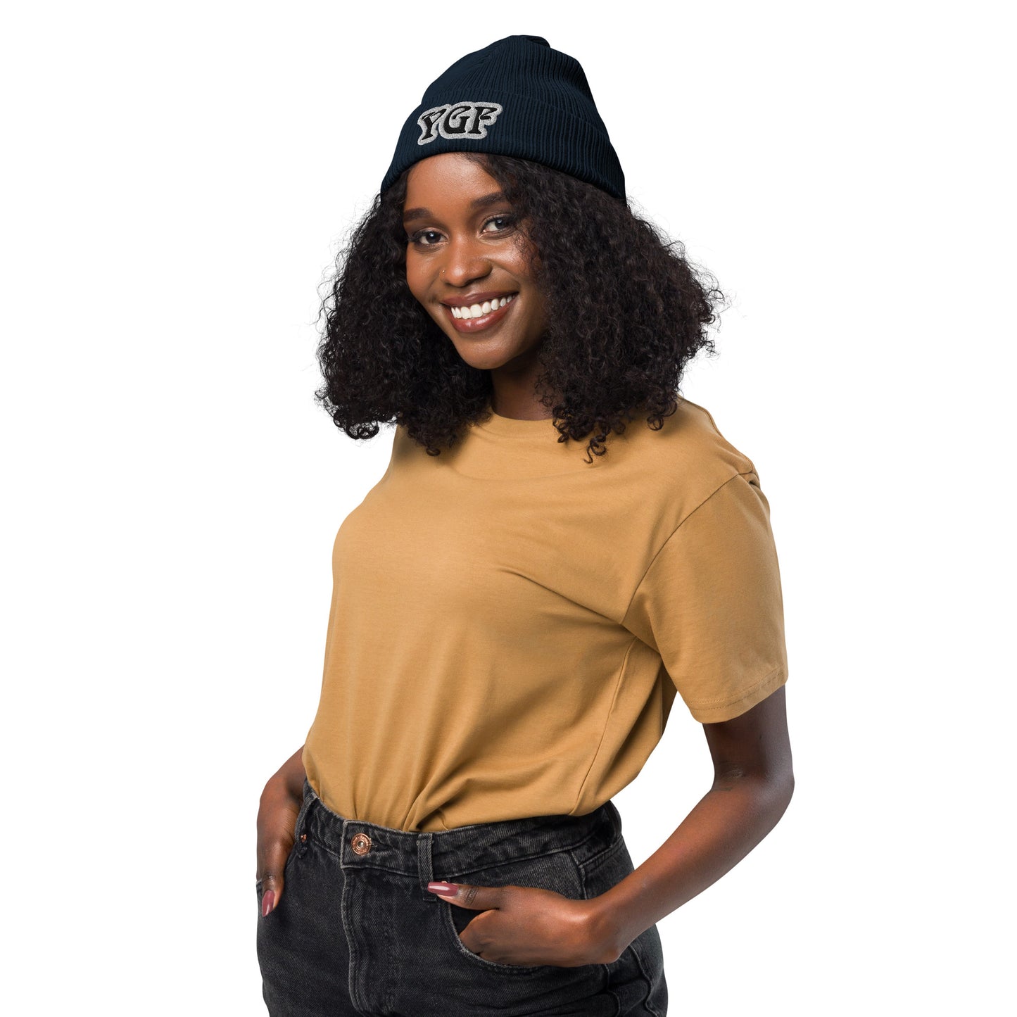 YGF Embroidered Organic Ribbed Beanie