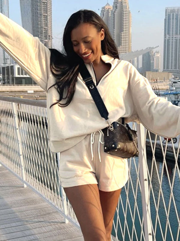 Women's Solid Color Zipper Pullover & Shorts Set
