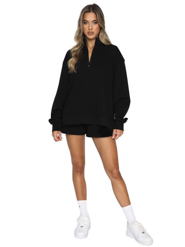 Women's Solid Color Zipper Pullover & Shorts Set