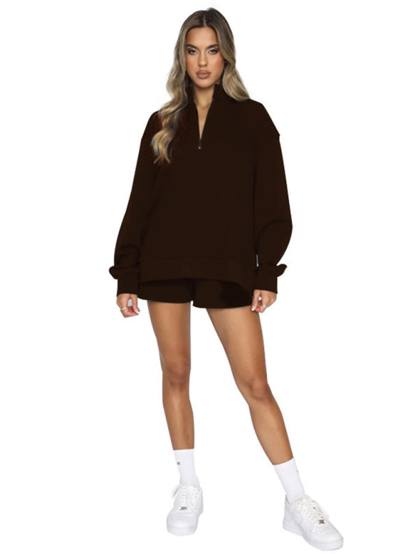 Women's Solid Color Zipper Pullover & Shorts Set