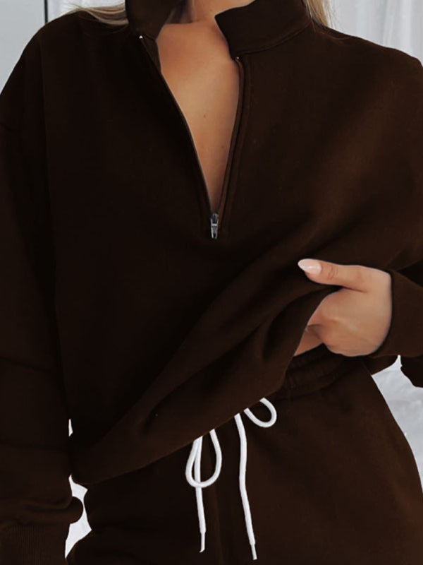 Women's Solid Color Zipper Pullover & Shorts Set