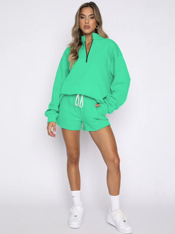 Women's Solid Color Zipper Pullover & Shorts Set