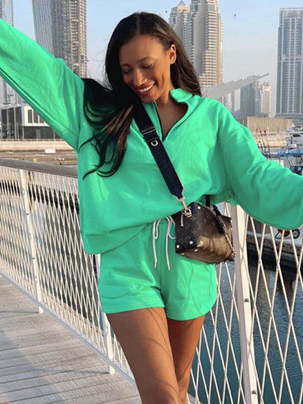 Women's Solid Color Zipper Pullover & Shorts Set