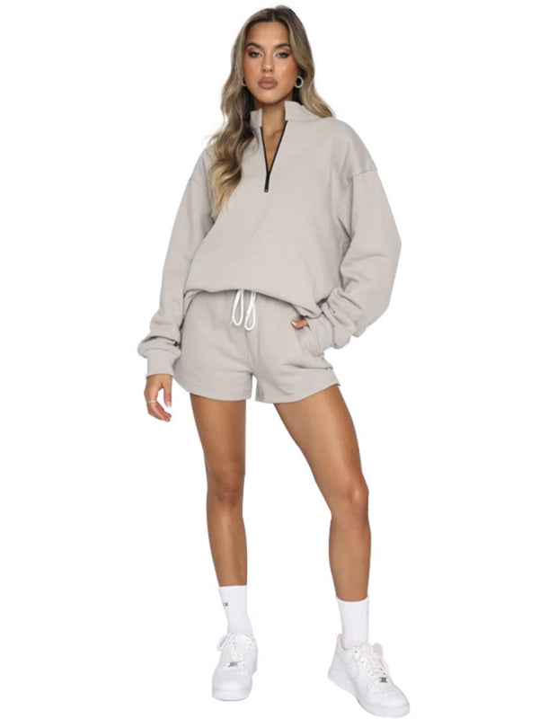 Women's Solid Color Zipper Pullover & Shorts Set