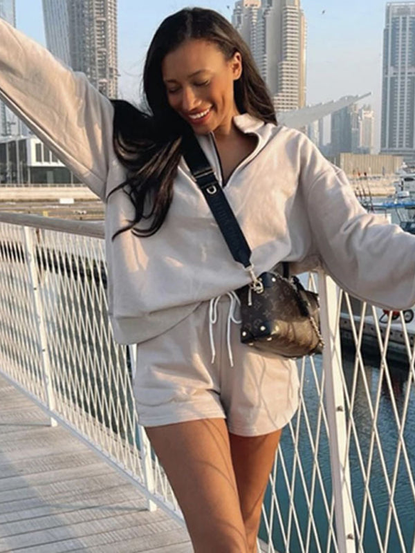 Women's Solid Color Zipper Pullover & Shorts Set