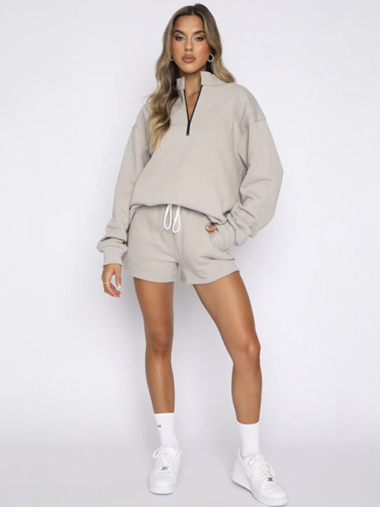 Women's Solid Color Zipper Pullover & Shorts Set