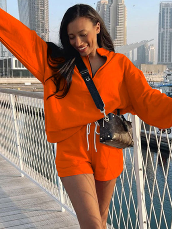 Women's Solid Color Zipper Pullover & Shorts Set