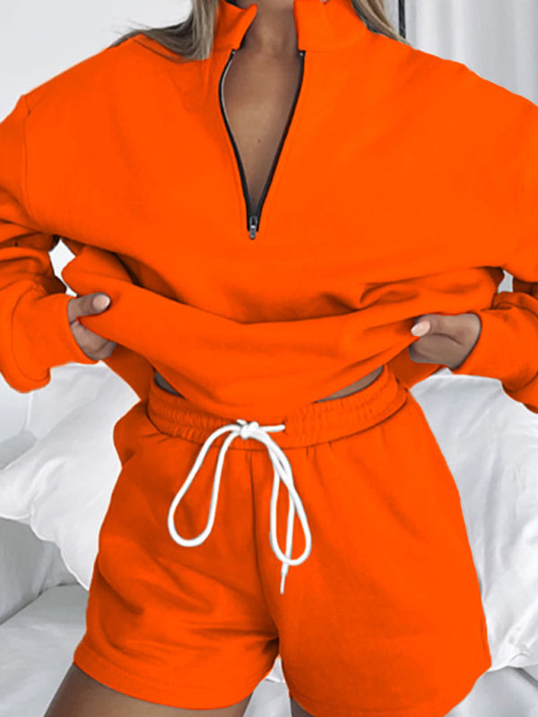 Women's Solid Color Zipper Pullover & Shorts Set