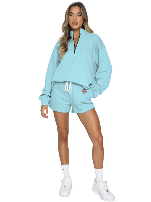 Women's Solid Color Zipper Pullover & Shorts Set