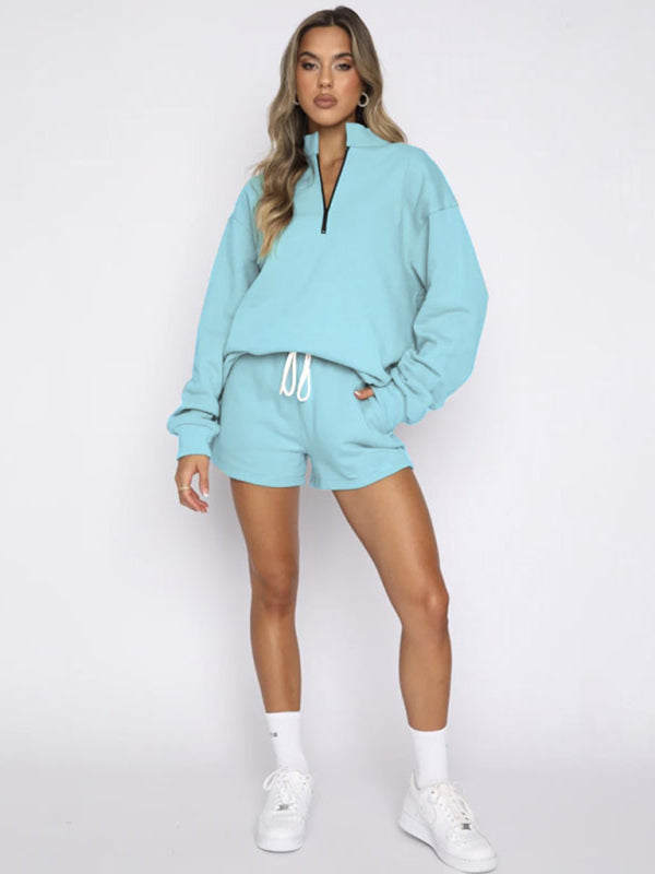 Women's Solid Color Zipper Pullover & Shorts Set