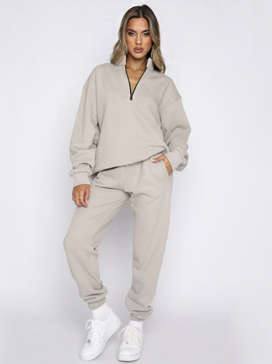 Women's Solid Color Zipper Pullover & Pants Set